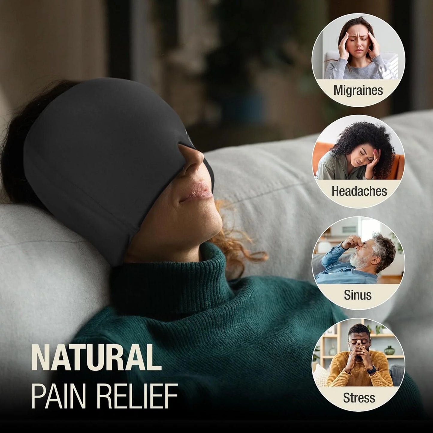 Ultra Migraine Relief Cap | Natural Headache Relief with Cold Eye Mask and Ice Pack